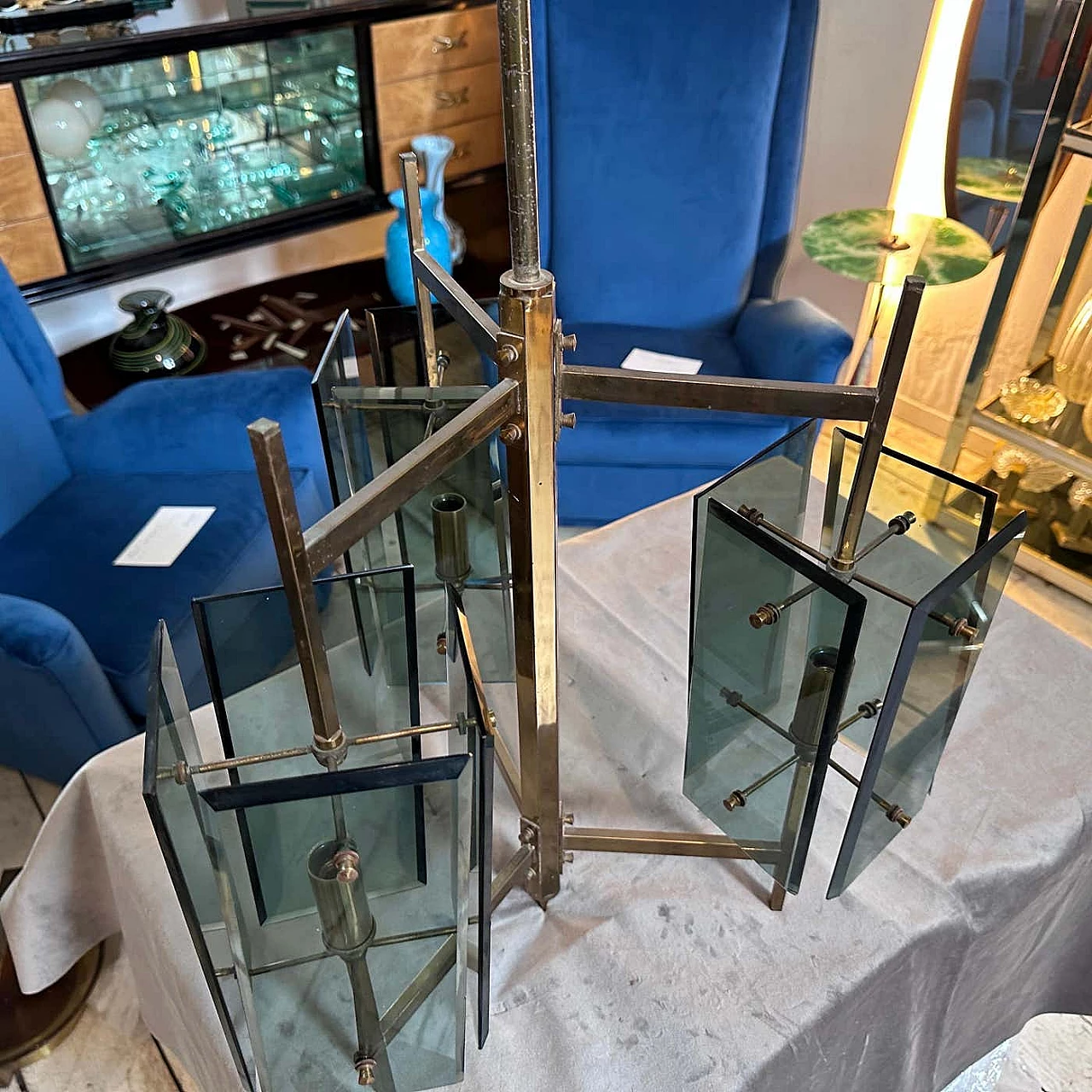 Lampadario in ottone e vetro verde di Cristal Art, anni '70 4