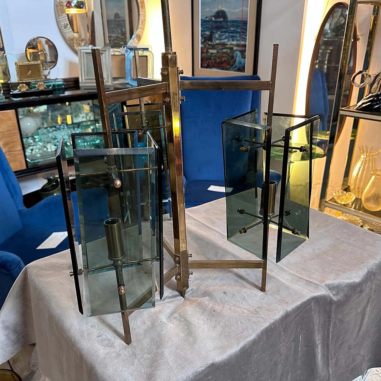 Lampadario in ottone e vetro verde di Cristal Art, anni '70 5