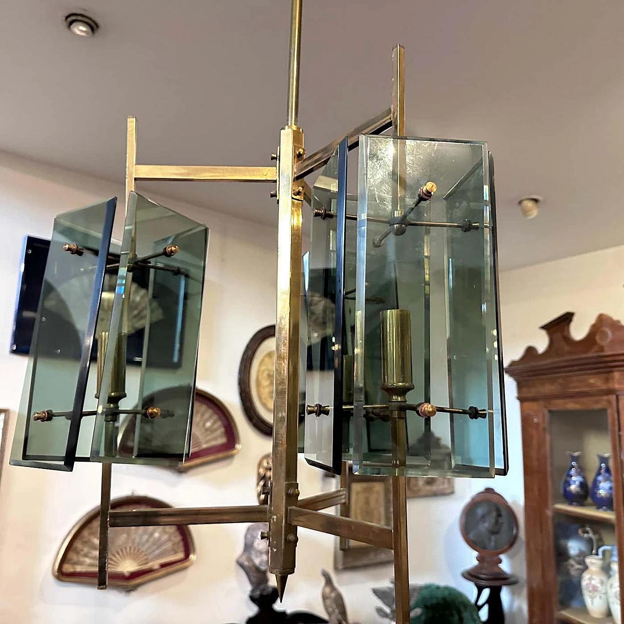 Lampadario in ottone e vetro verde di Cristal Art, anni '70 7