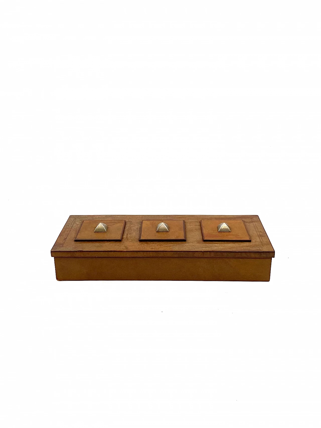 Posacenere, accendino e scatola in legno, pergamena e ottone, anni '50 18