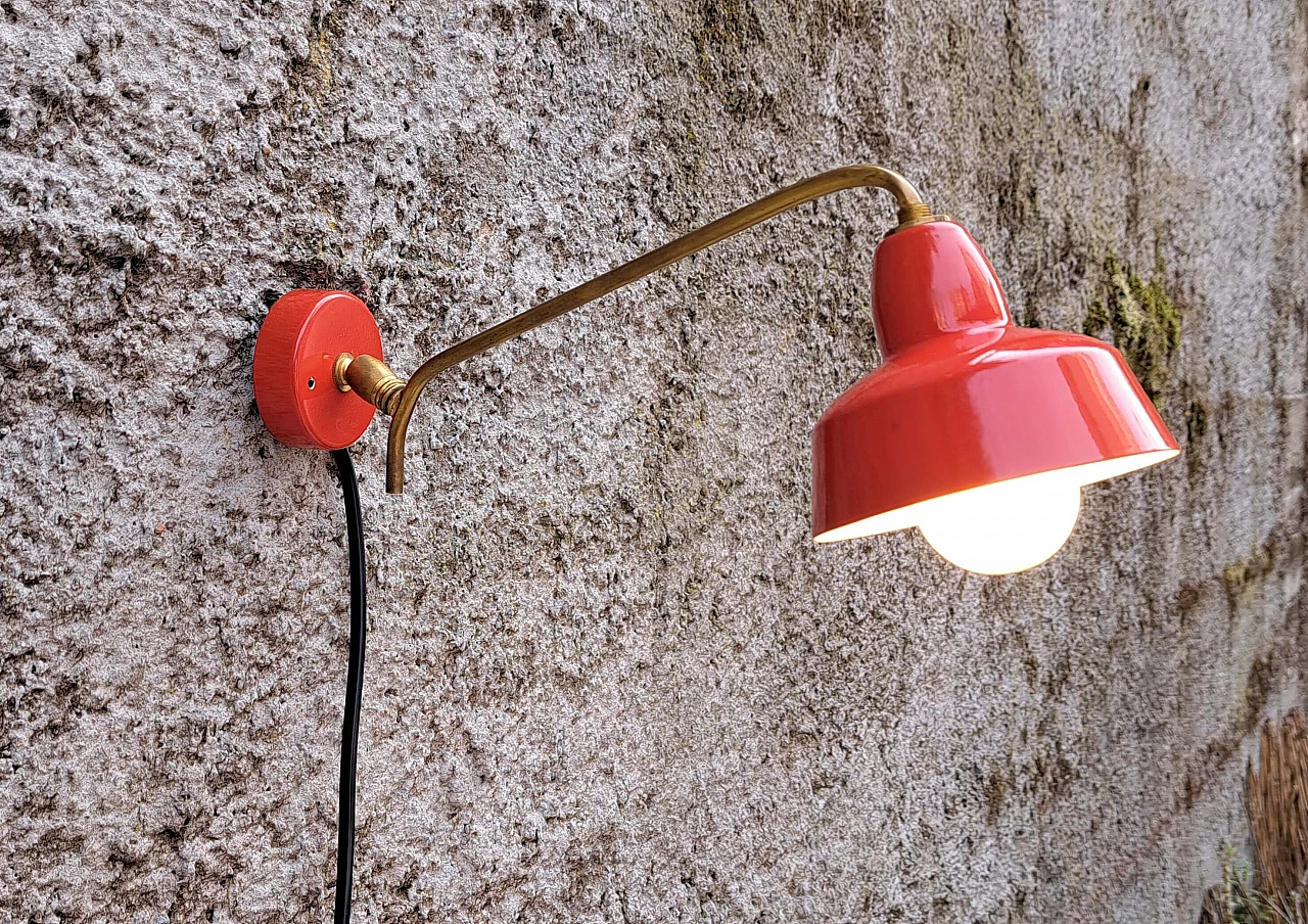 Pair of red enameled metal and brass wall lights, 1970s 4