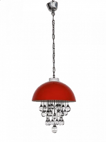 Space Age red metal chandelier with glass spheres, 1980s