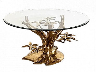 Coffee table with tree-shaped brass base and glass top by Willy Daro, 1970s