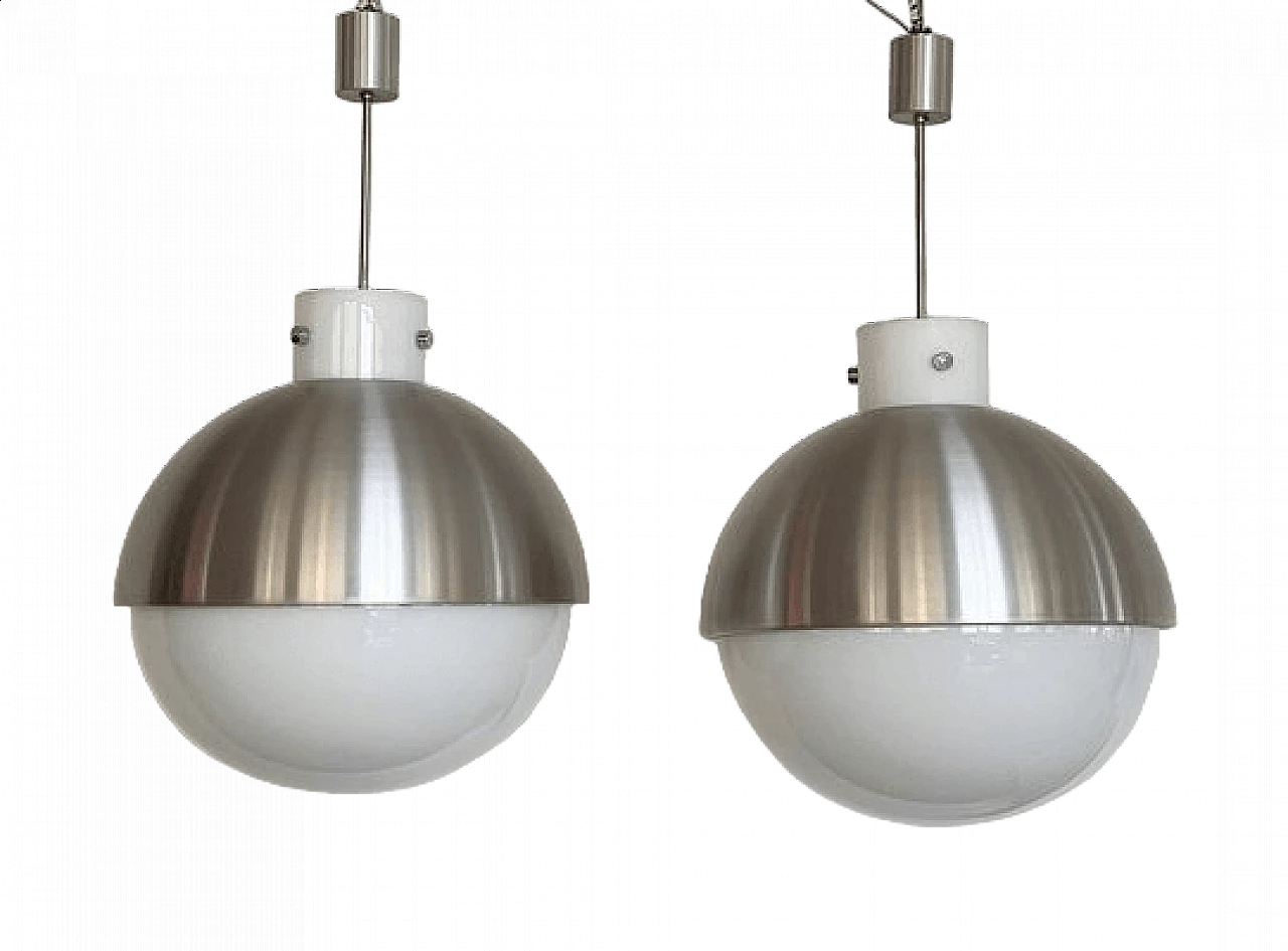 Pair of spherical aluminum and white glass chandeliers from Glashütte Limburg, 1970s 15