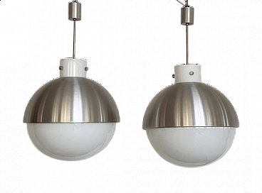 Pair of spherical aluminum and white glass chandeliers from Glashütte Limburg, 1970s