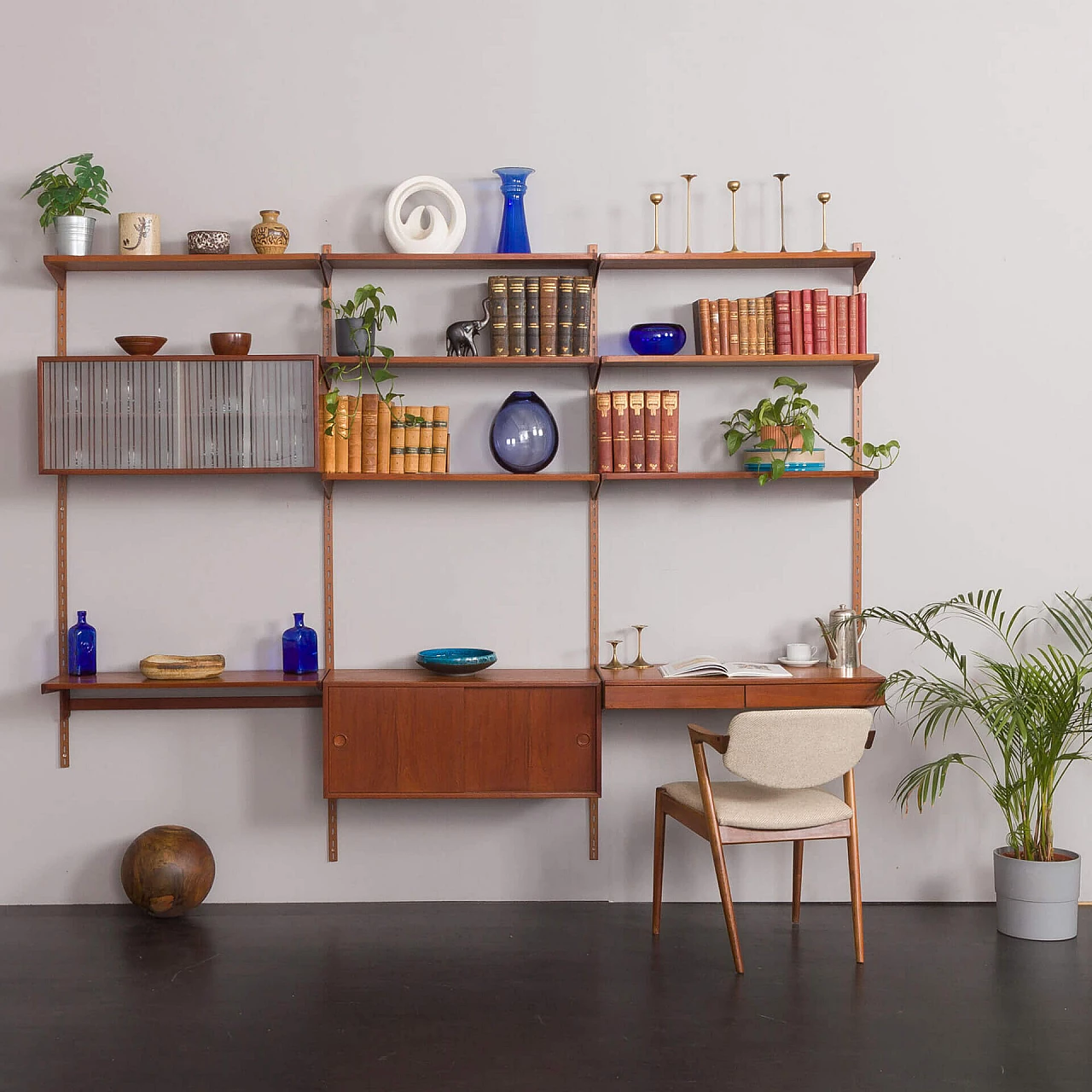 Teak hanging bookcase with desk by Kai Kristiansen for FM Mobler, 1960s 1