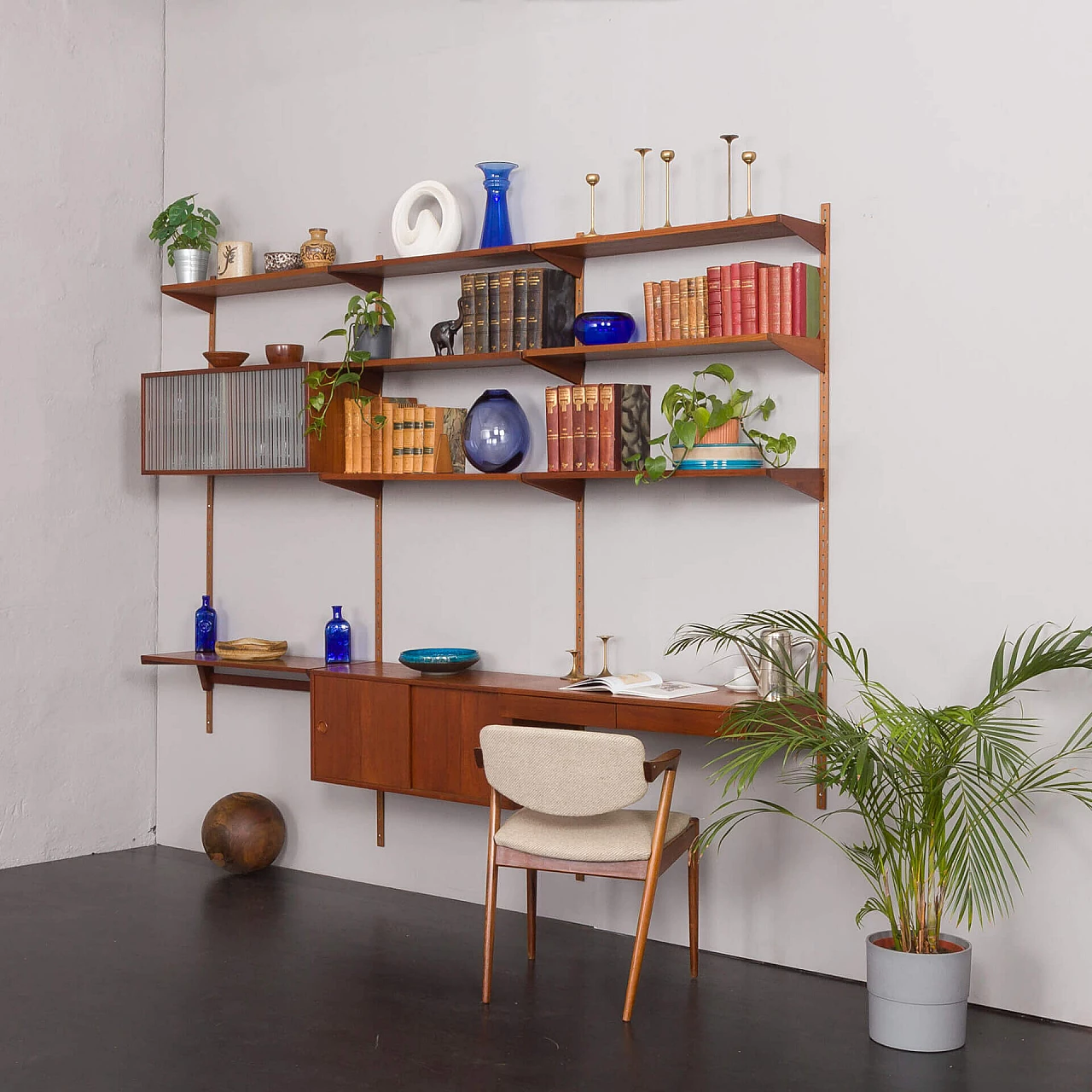 Teak hanging bookcase with desk by Kai Kristiansen for FM Mobler, 1960s 2