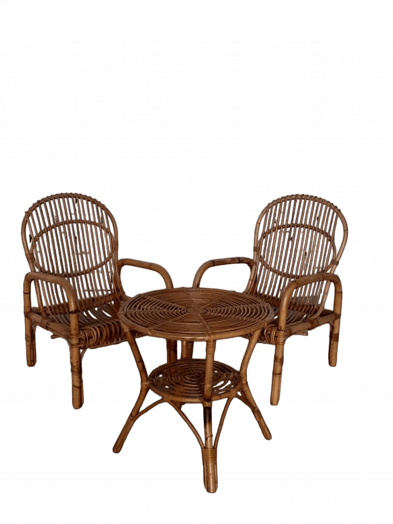 Coppia di sedie e tavolino in bambù, anni '60 14