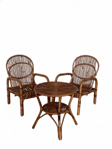 Pair of bamboo chairs and coffee table, 1960s
