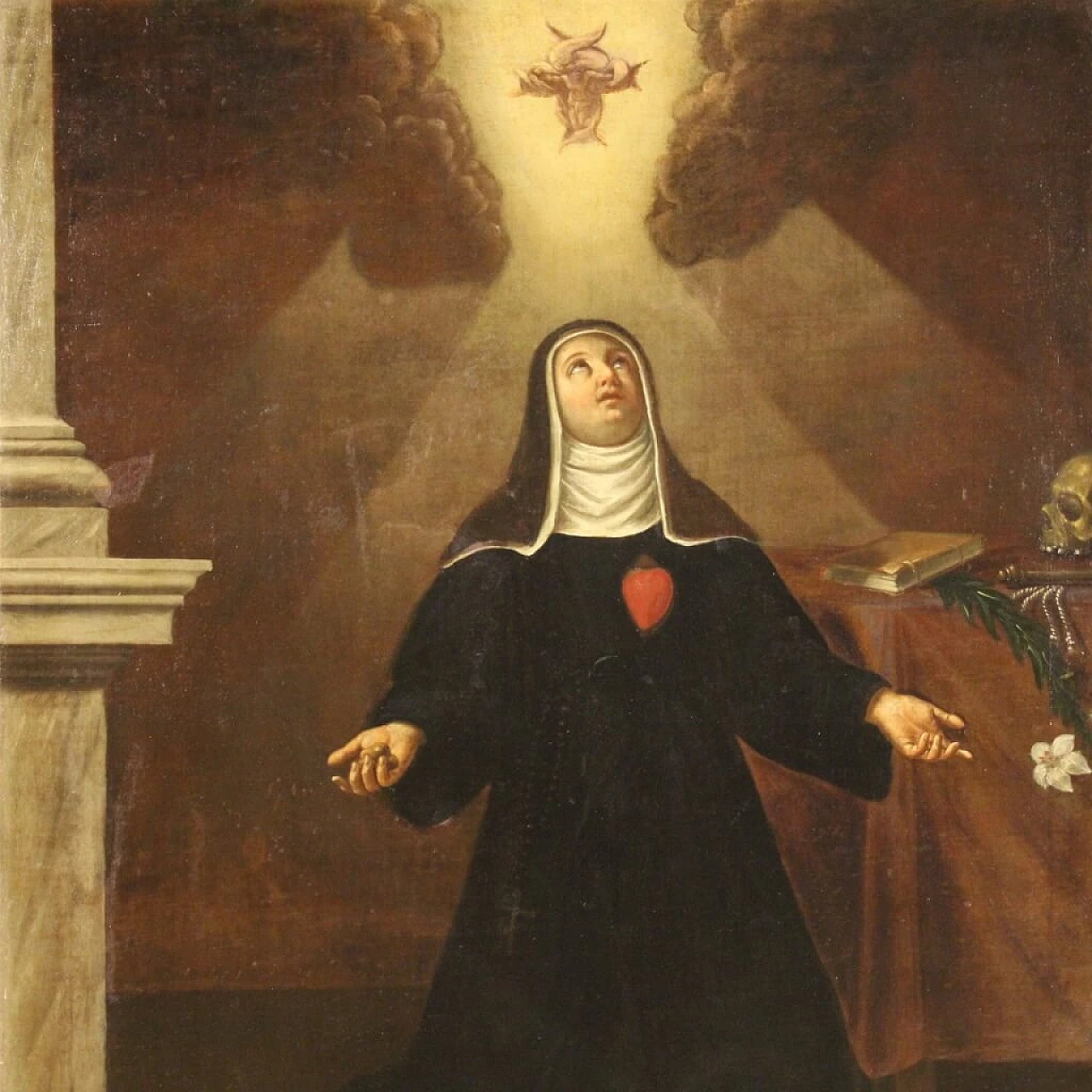 Saint in ecstasy with lily and skull, oil painting on canvas, 18th century 5