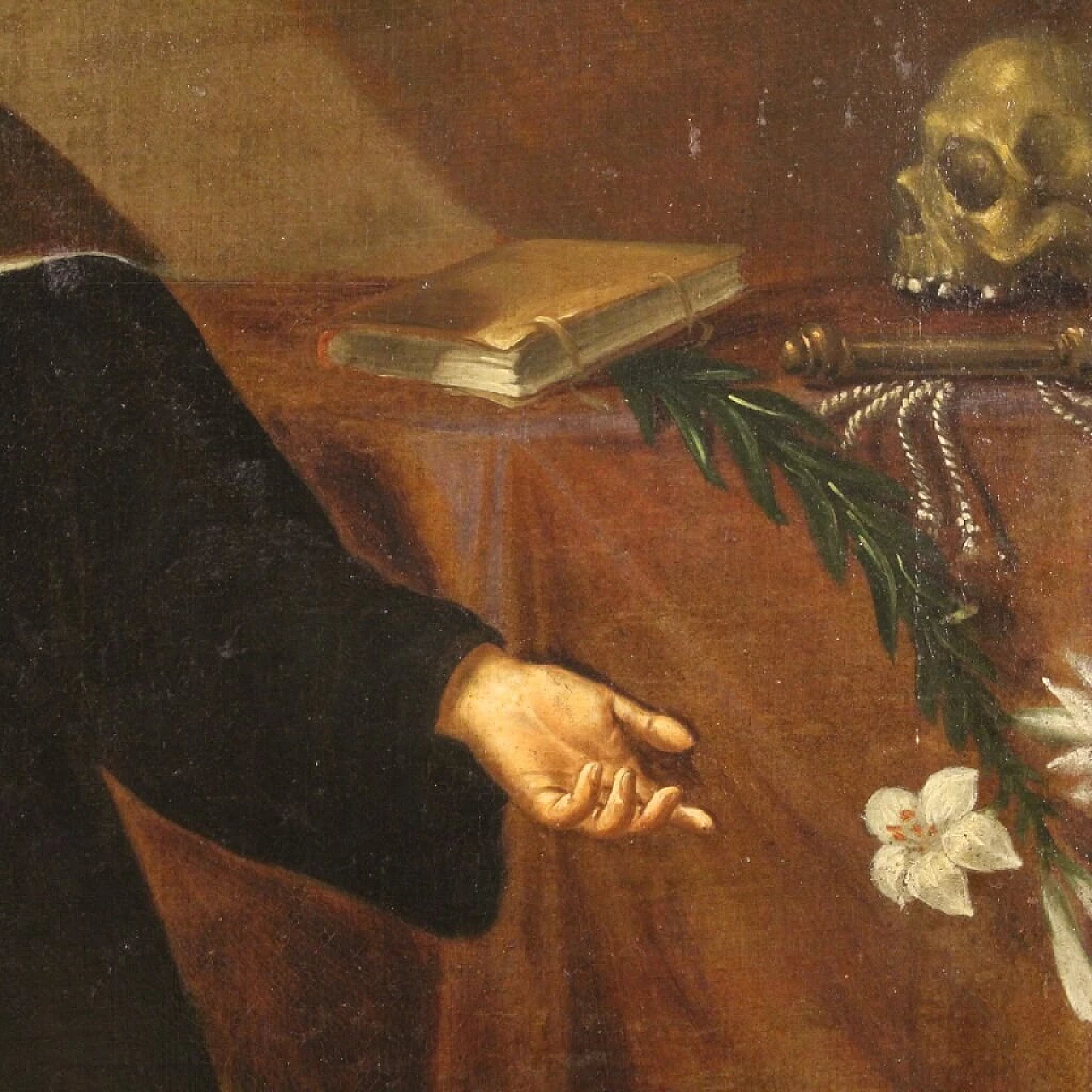 Saint in ecstasy with lily and skull, oil painting on canvas, 18th century 8