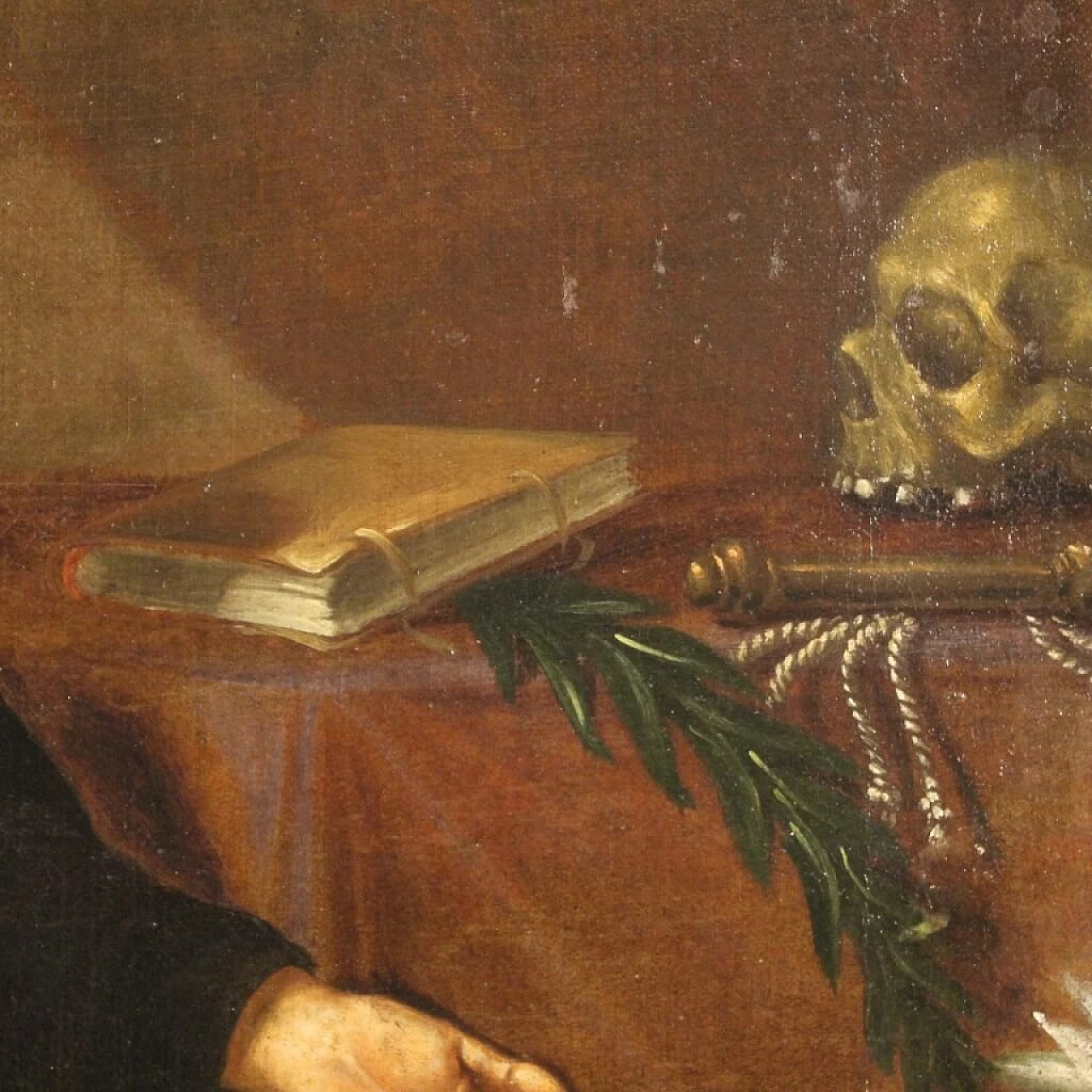 Saint in ecstasy with lily and skull, oil painting on canvas, 18th century 9