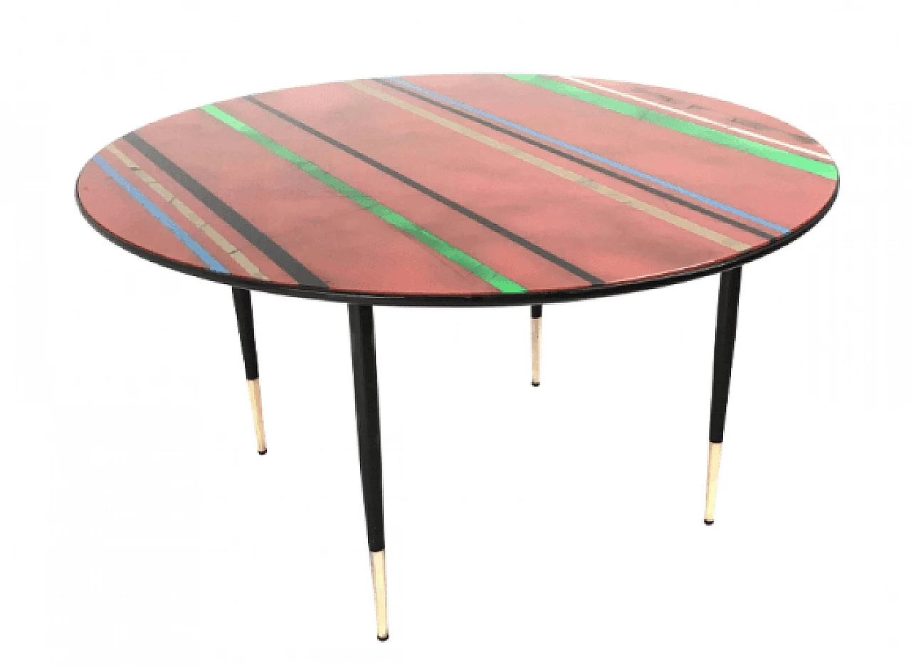 Tavolino rotondo con piano in vetro rosso a righe multicolore, anni '50 1