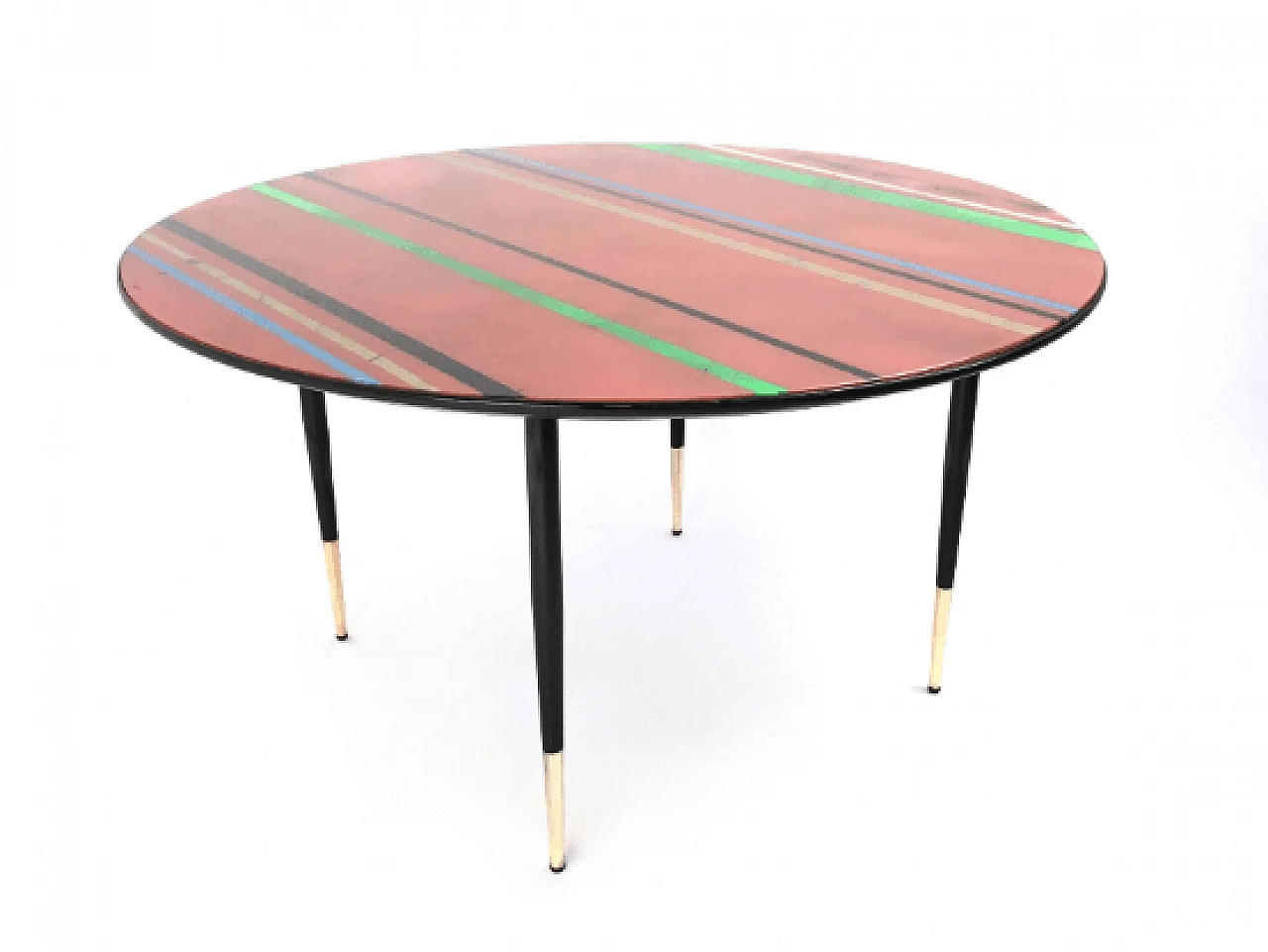 Round coffee table with multicolored striped red glass top, 1950s 2
