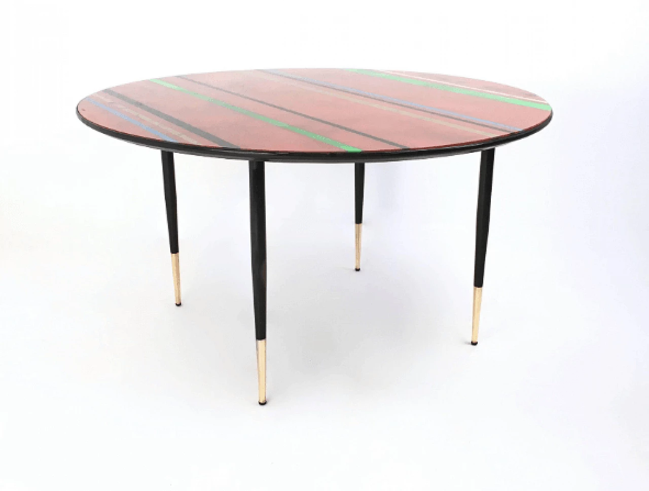 Round coffee table with multicolored striped red glass top, 1950s 3