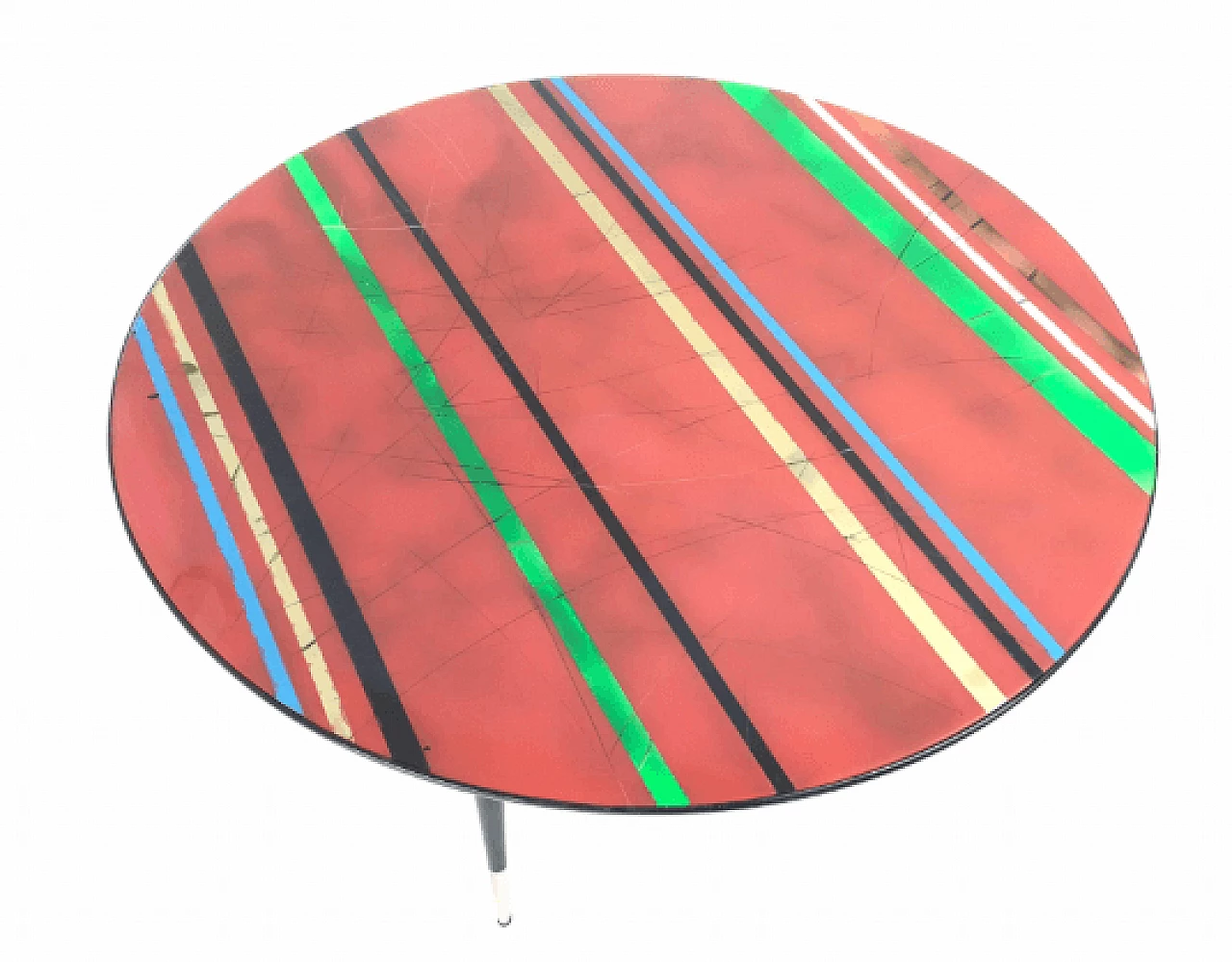 Tavolino rotondo con piano in vetro rosso a righe multicolore, anni '50 5