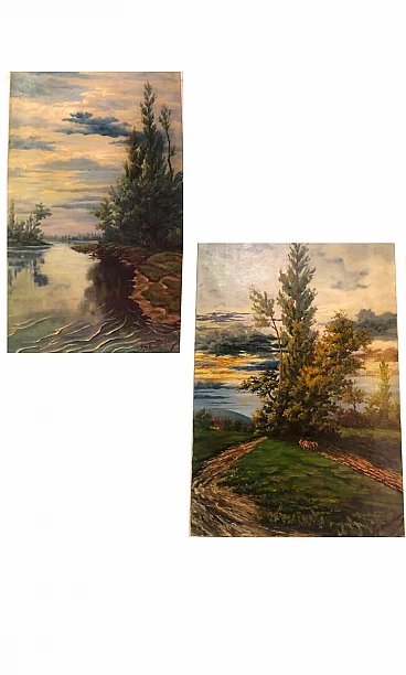 Coppia di dipinti a olio su tela raffiguranti paesaggi, inizio '900