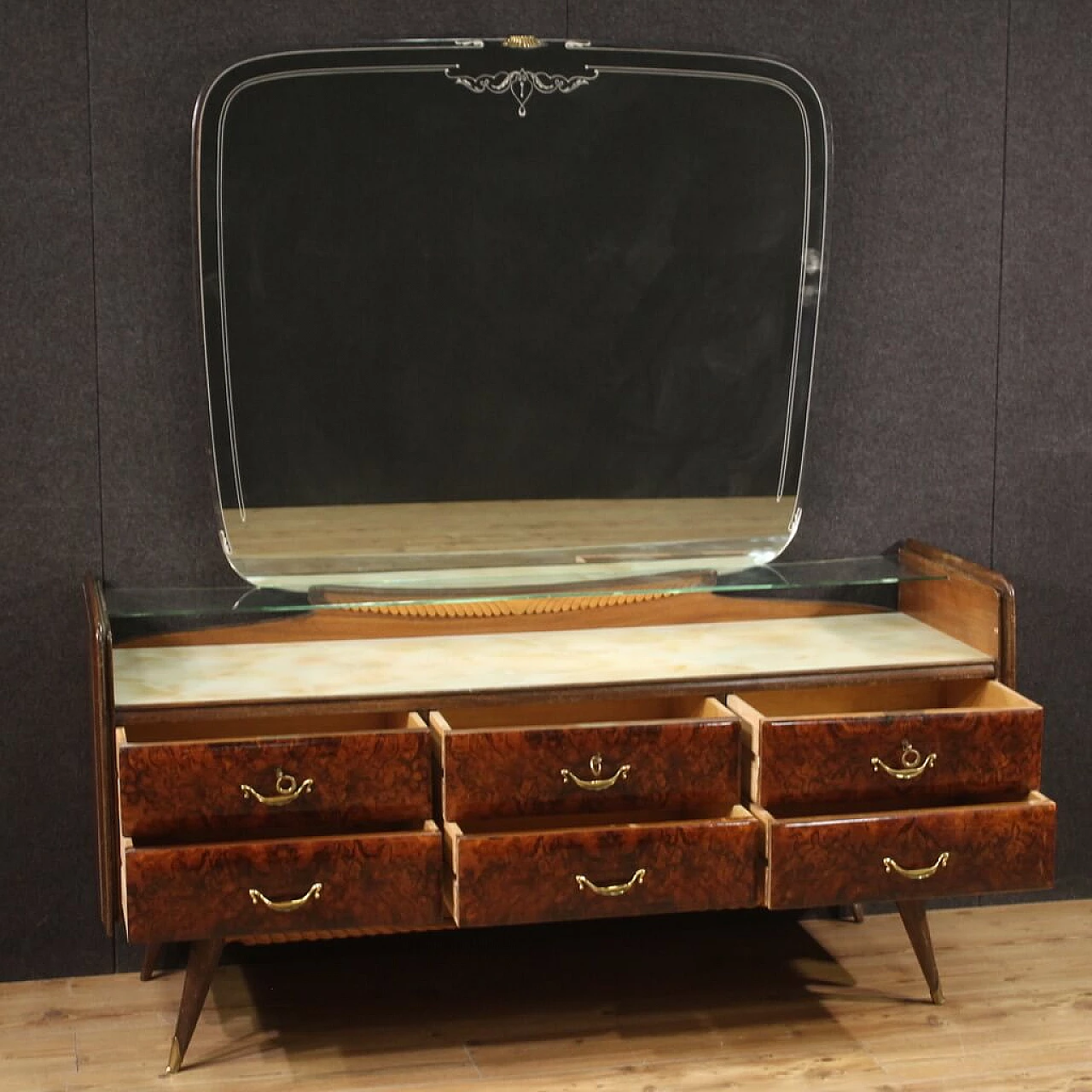 Veneered wood and glass chest of drawers with mirror, 1950s 2