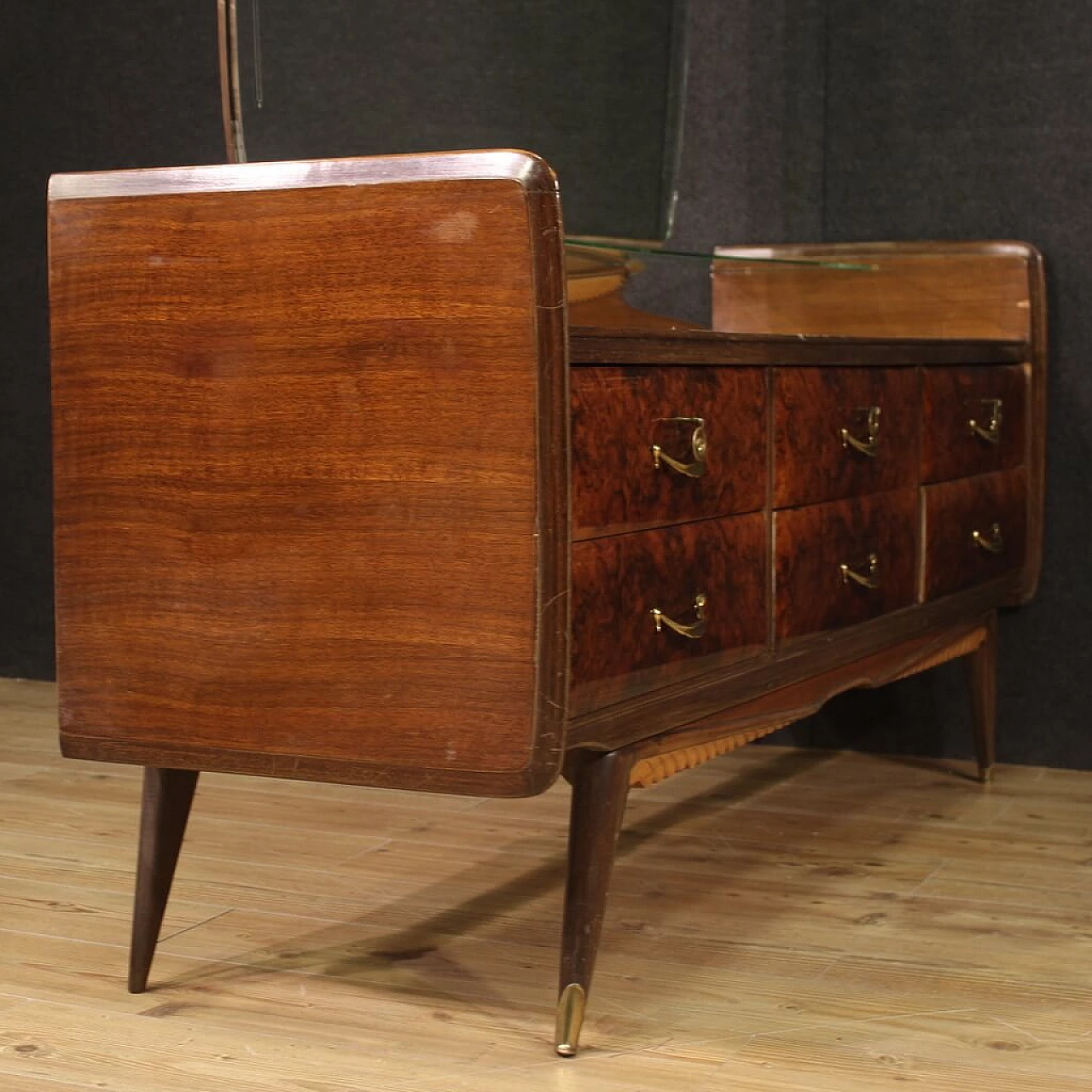 Veneered wood and glass chest of drawers with mirror, 1950s 8