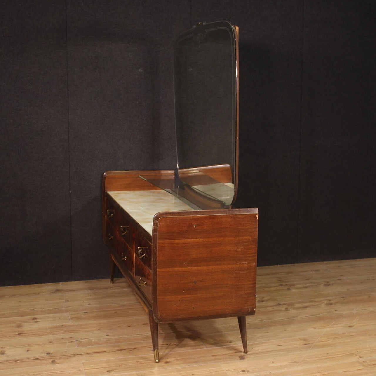 Cassettiera con specchio in legno impiallacciato e vetro, anni '50 12