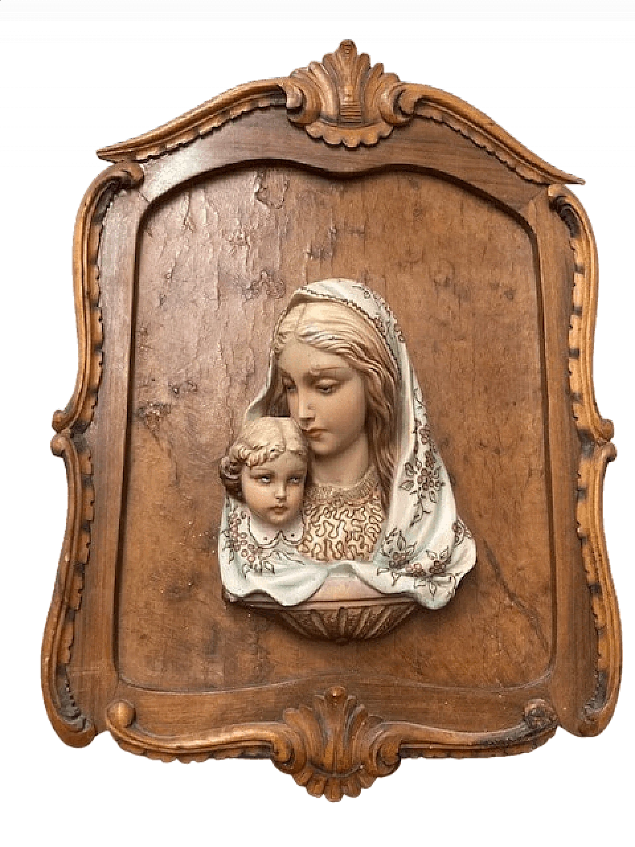 Painted majolica capoletto depicting Madonna and Child in walnut frame, 1950s 8