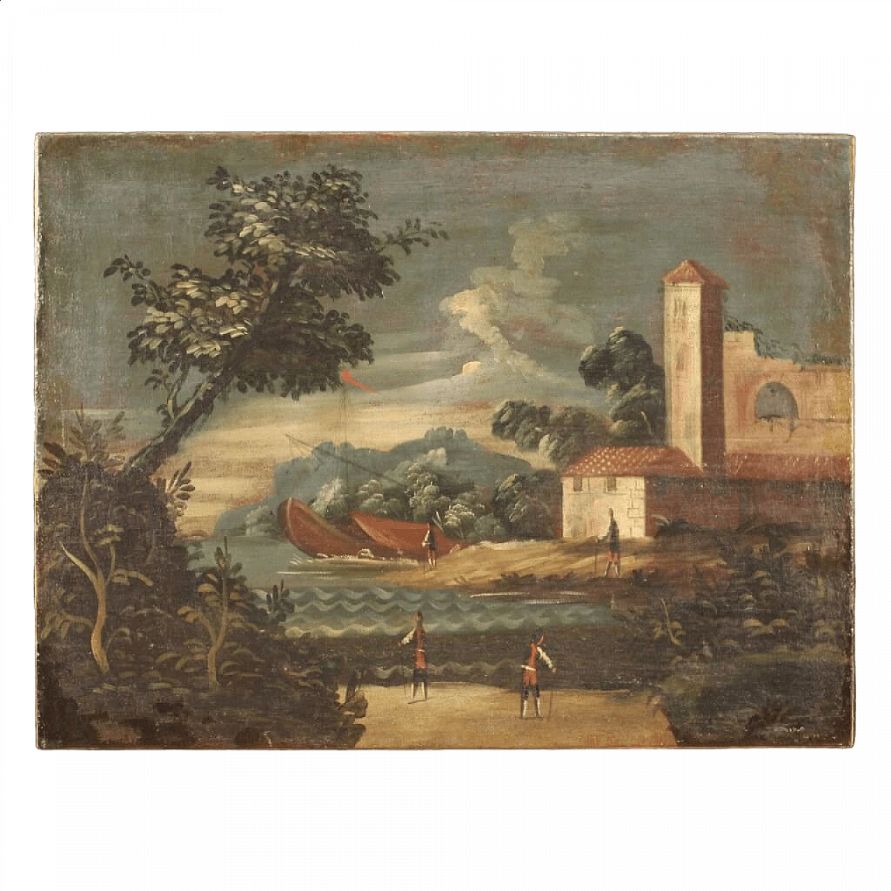 Paesaggio marittimo con edifici e figure, dipinto a olio su tela, '700 16