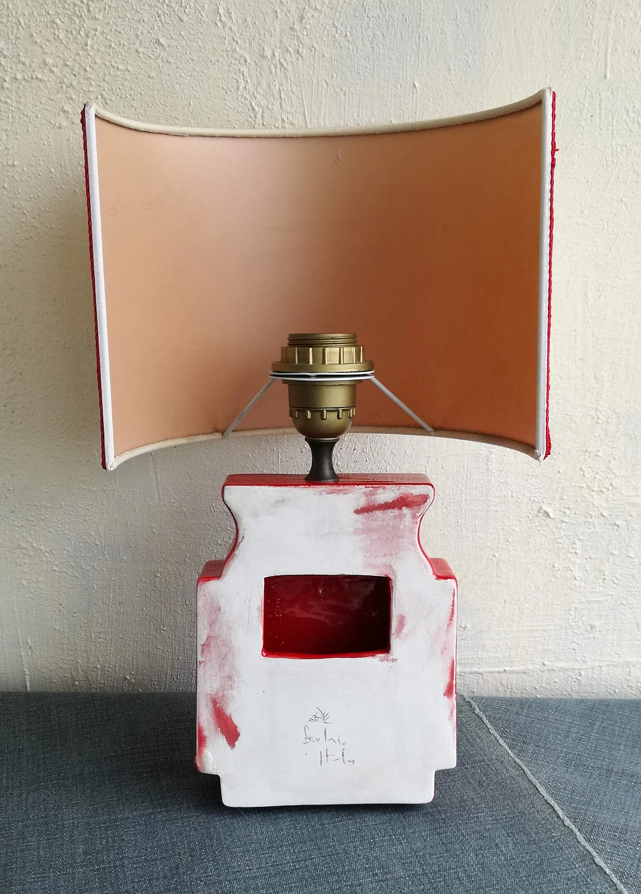 Red glazed ceramic wall lamp with silk shade, 1970s 6