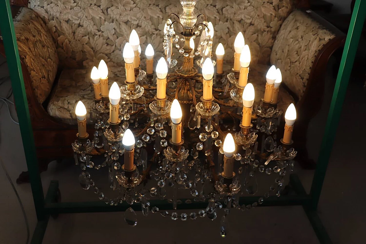 Twenty-four-light bronze chandelier with crystals, 1920s 2