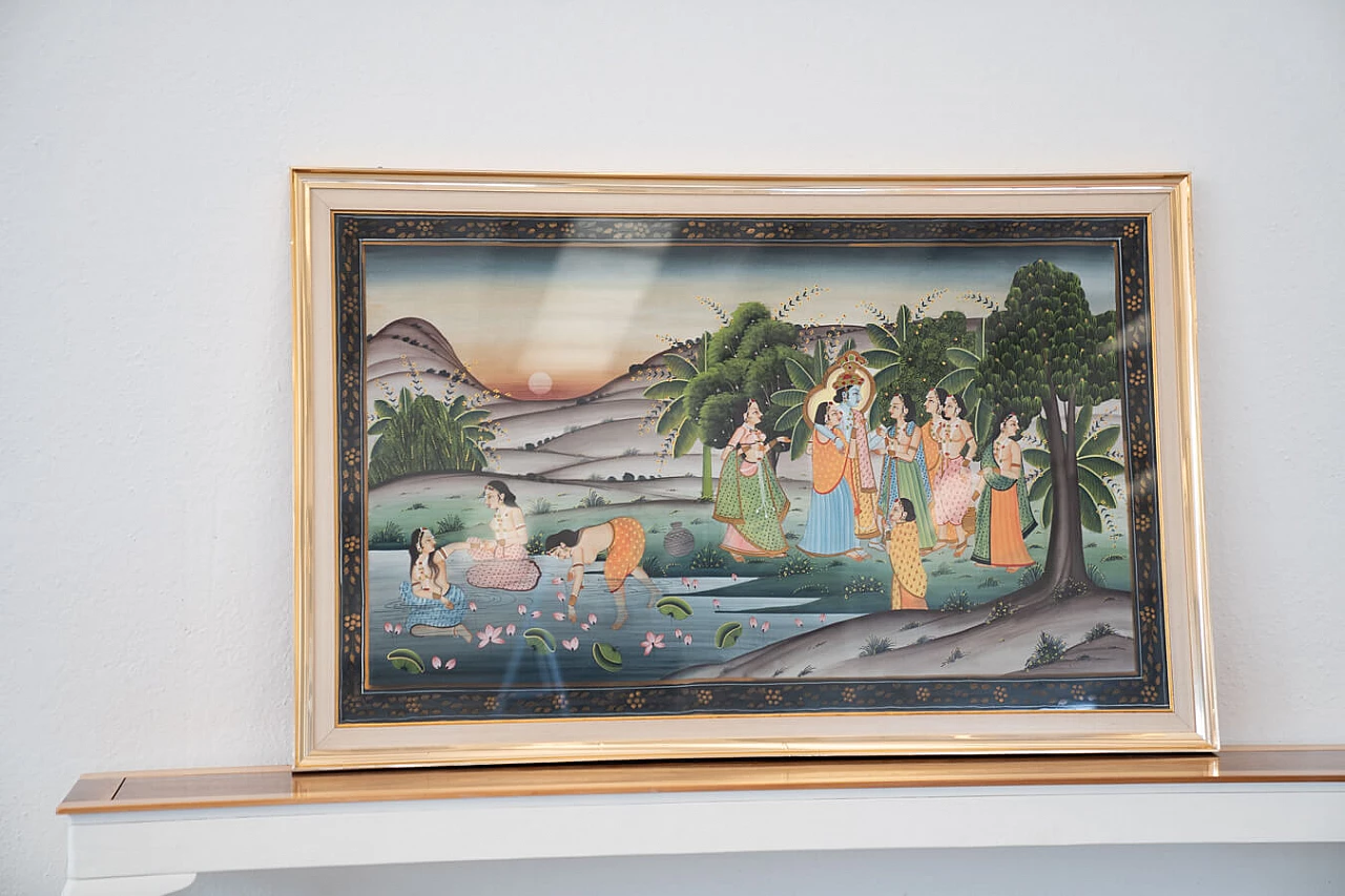 Quadro indiano dipinto a mano su tela, anni '70 1