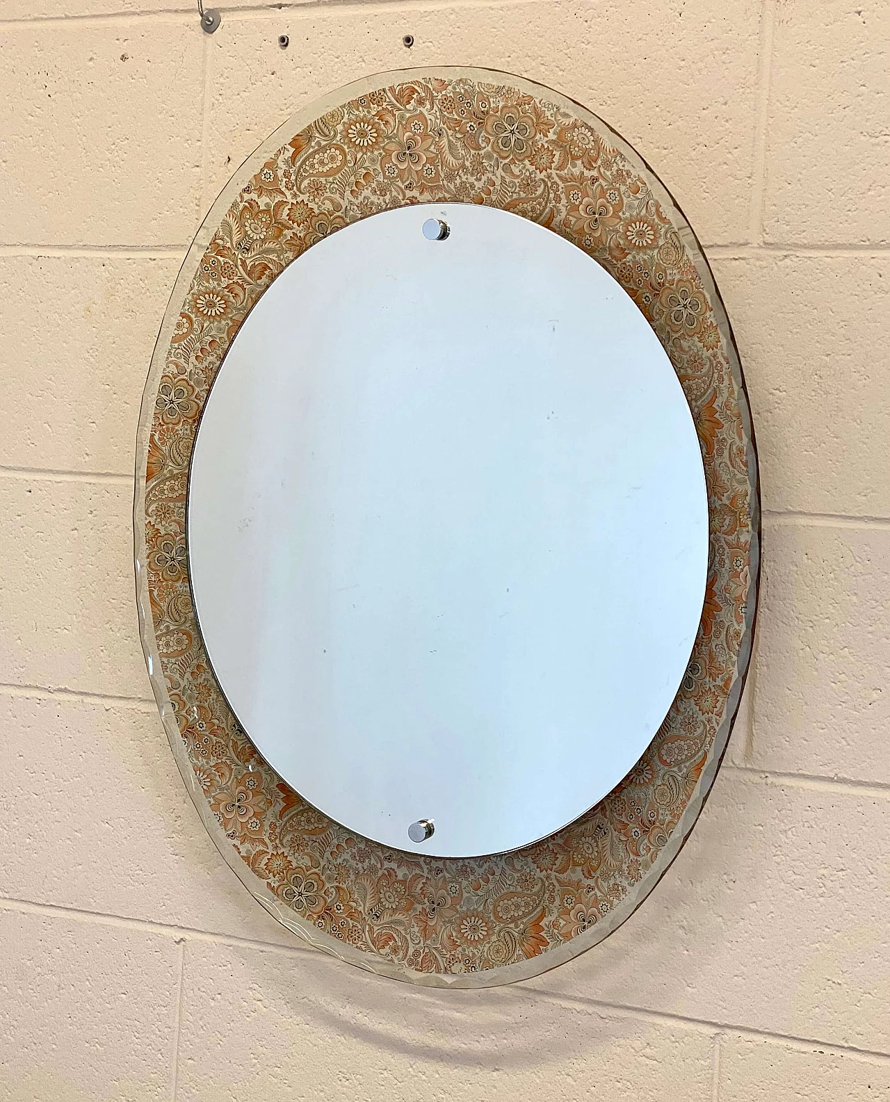 Oval mirror with beveled glass border with floral stencil, 1990s 2