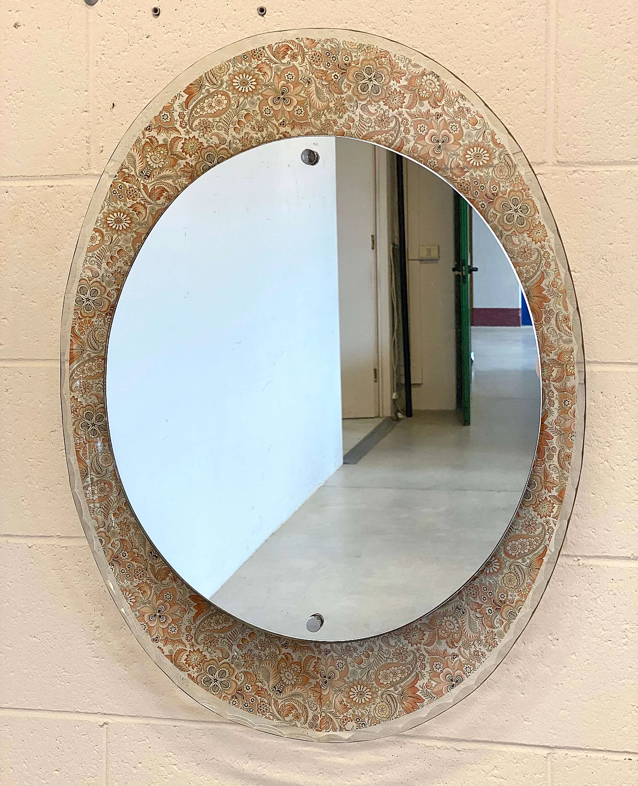 Oval mirror with beveled glass border with floral stencil, 1990s 5