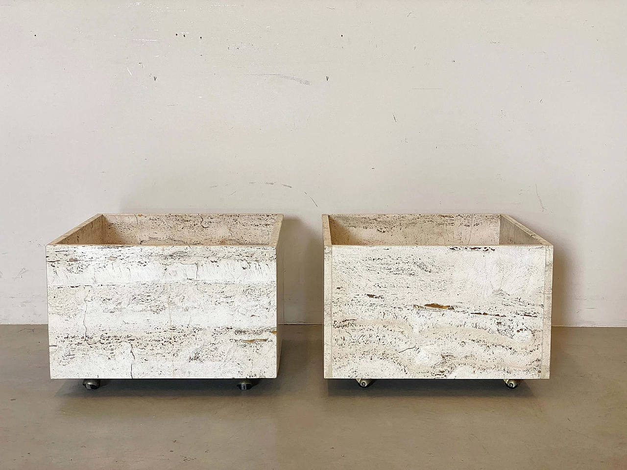 Pair of travertine planters with wheels, 1970s 1