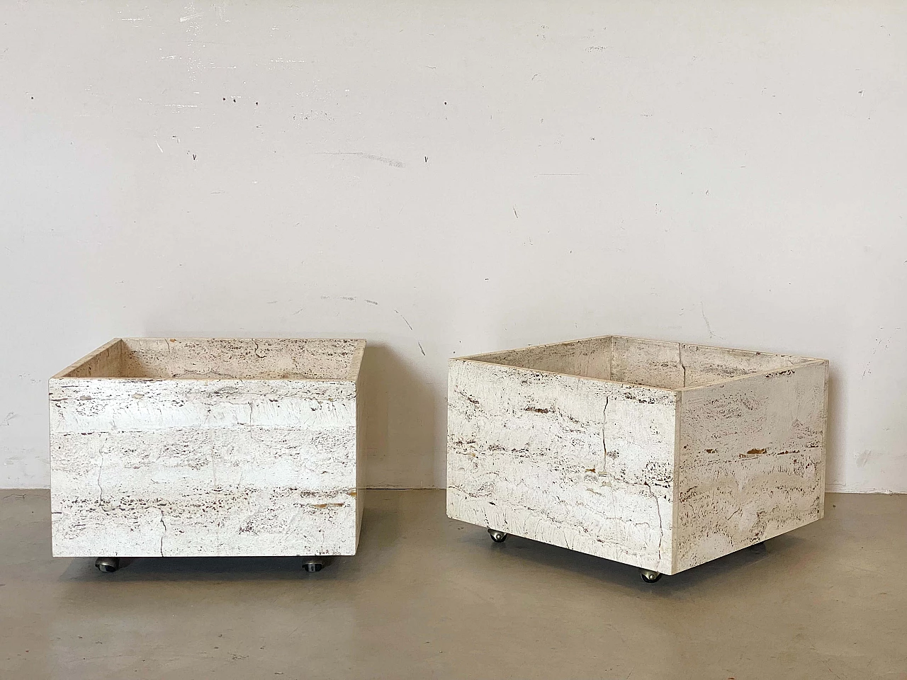 Pair of travertine planters with wheels, 1970s 4