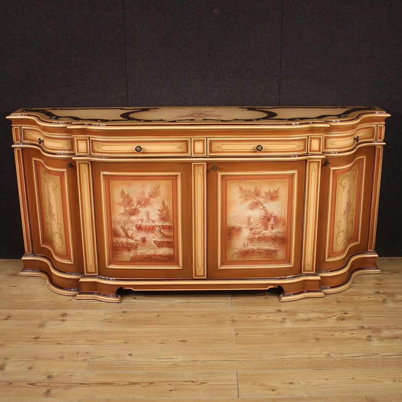 Sideboard in lacquered and painted wood with landscapes and floral decorations, 1970s 2