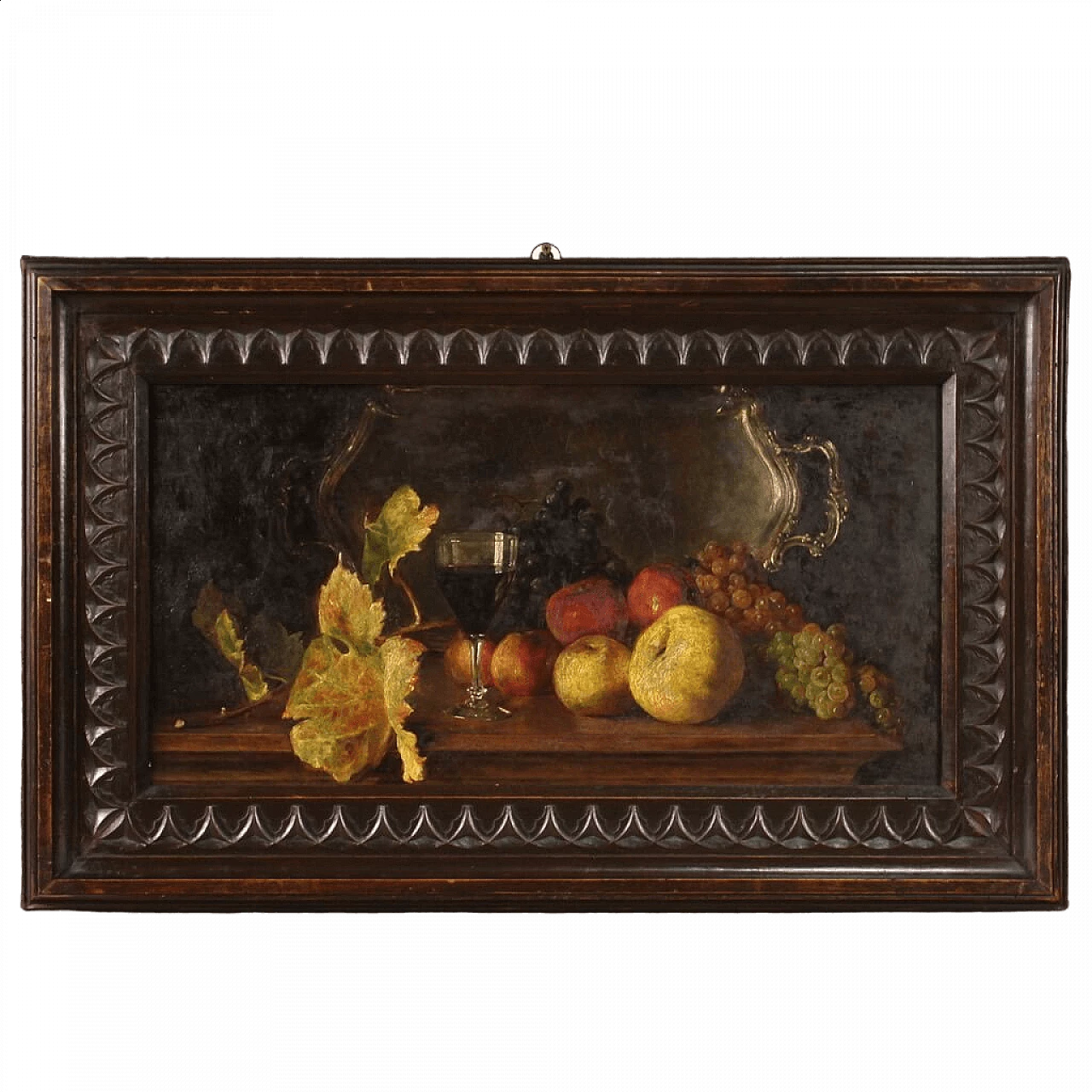 Still life with fruit, tray and wine glass, oil painting on panel 16