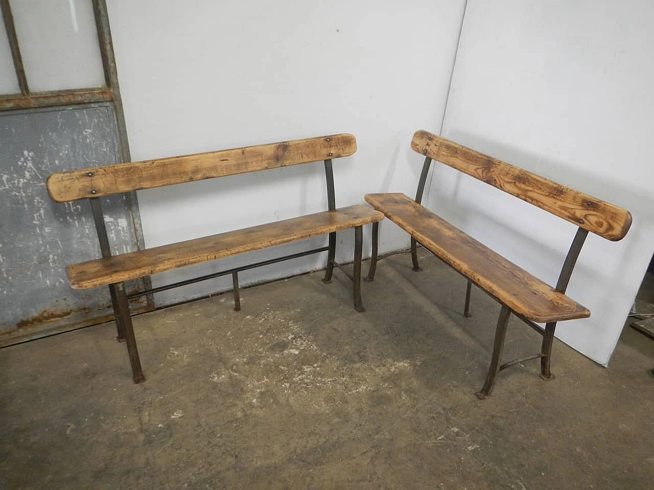 Pair of spruce and iron benches, 1950s 1