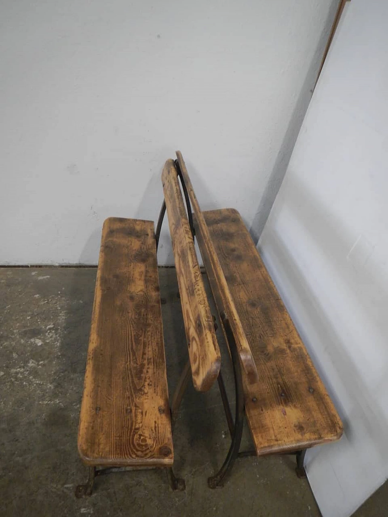 Pair of spruce and iron benches, 1950s 2