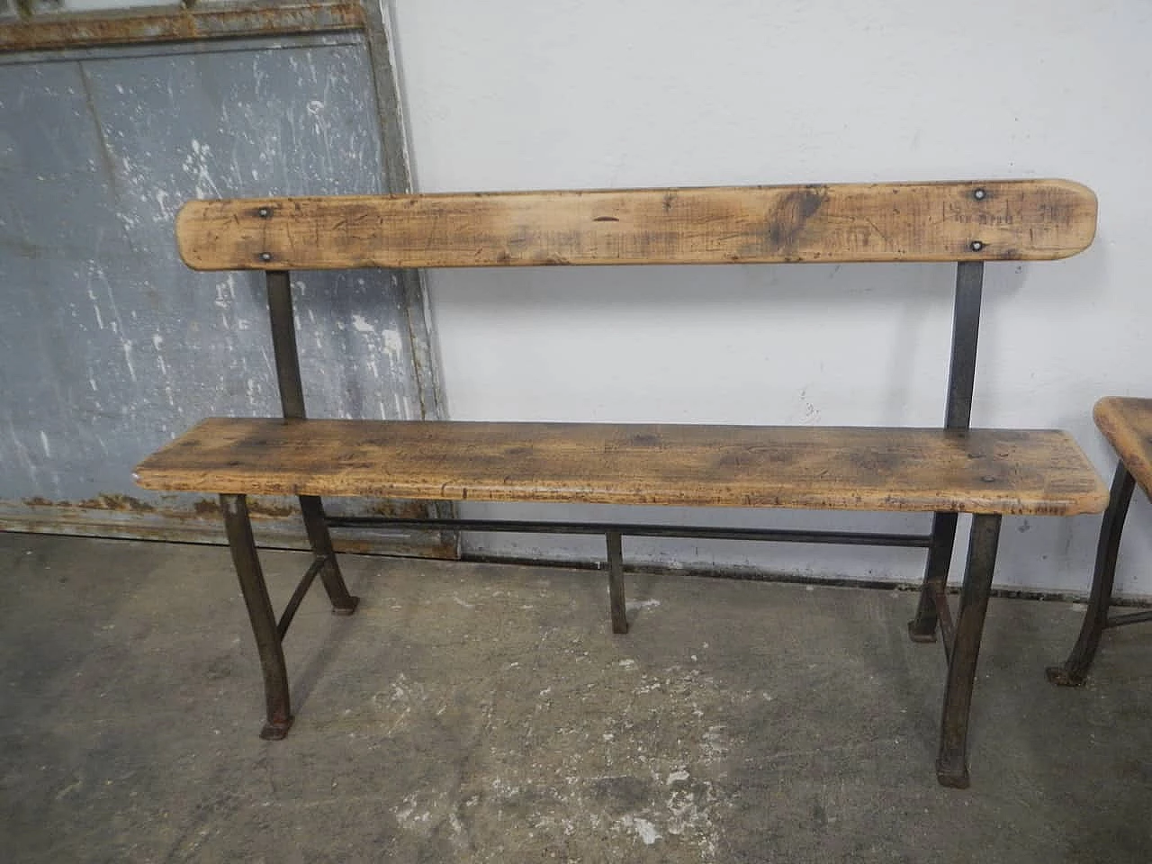 Pair of spruce and iron benches, 1950s 3