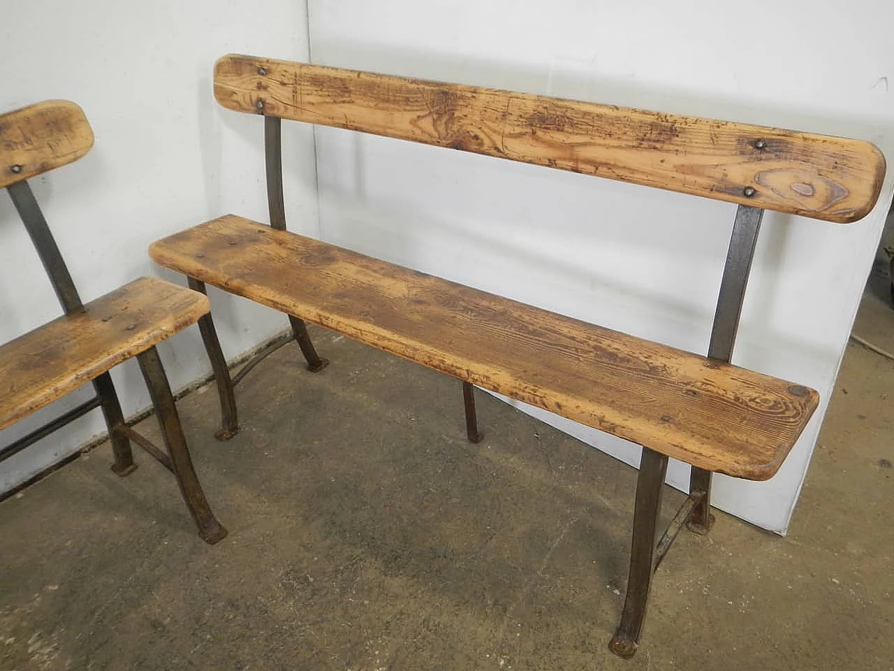 Pair of spruce and iron benches, 1950s 4