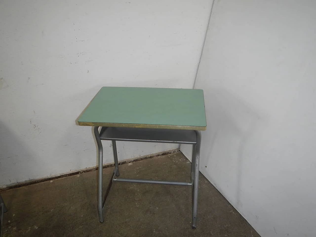 Gray metal and green formica school desk, 1970s 1