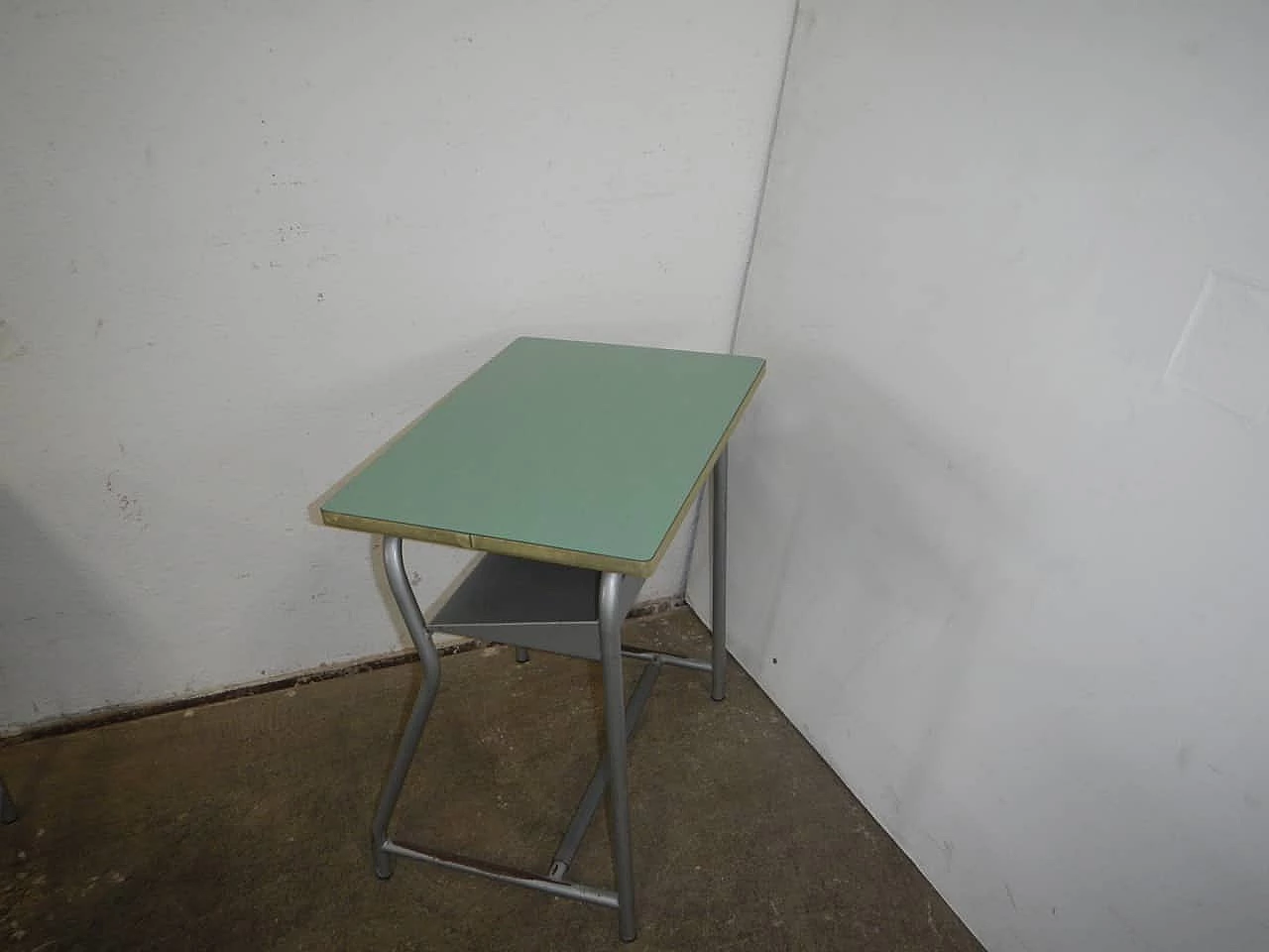 Gray metal and green formica school desk, 1970s 2