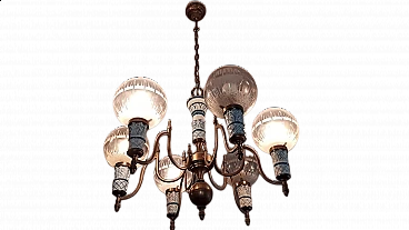Six-light ceramic and brass chandelier, 1950s