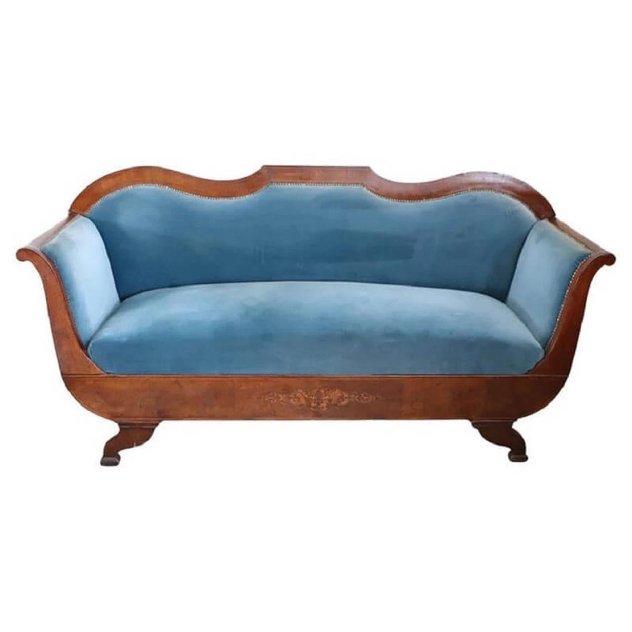 Charles X sofa in inlaid walnut and velvet, 19th century 1