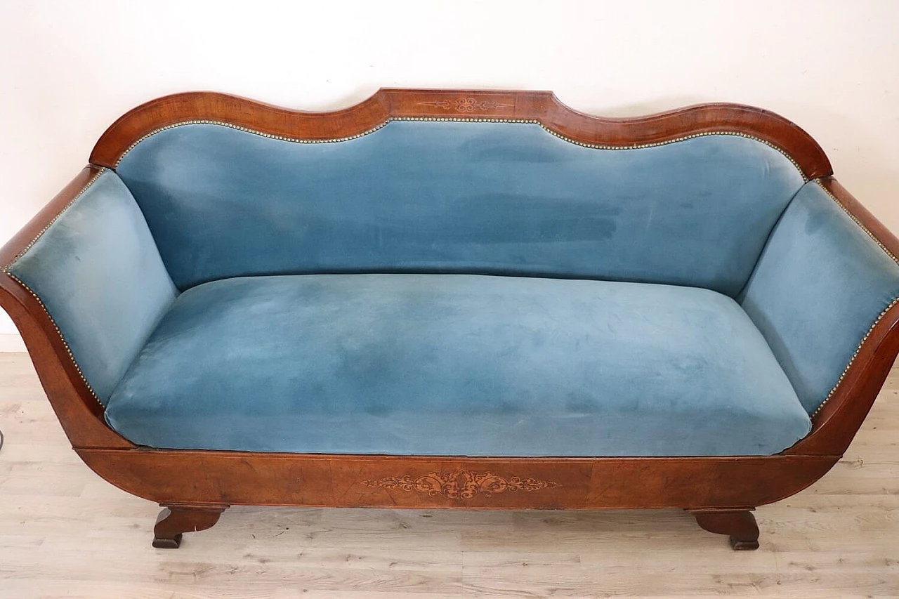 Charles X sofa in inlaid walnut and velvet, 19th century 3