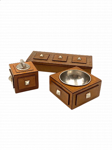 Wood, parchment and brass ashtray, lighter and box, 1950s