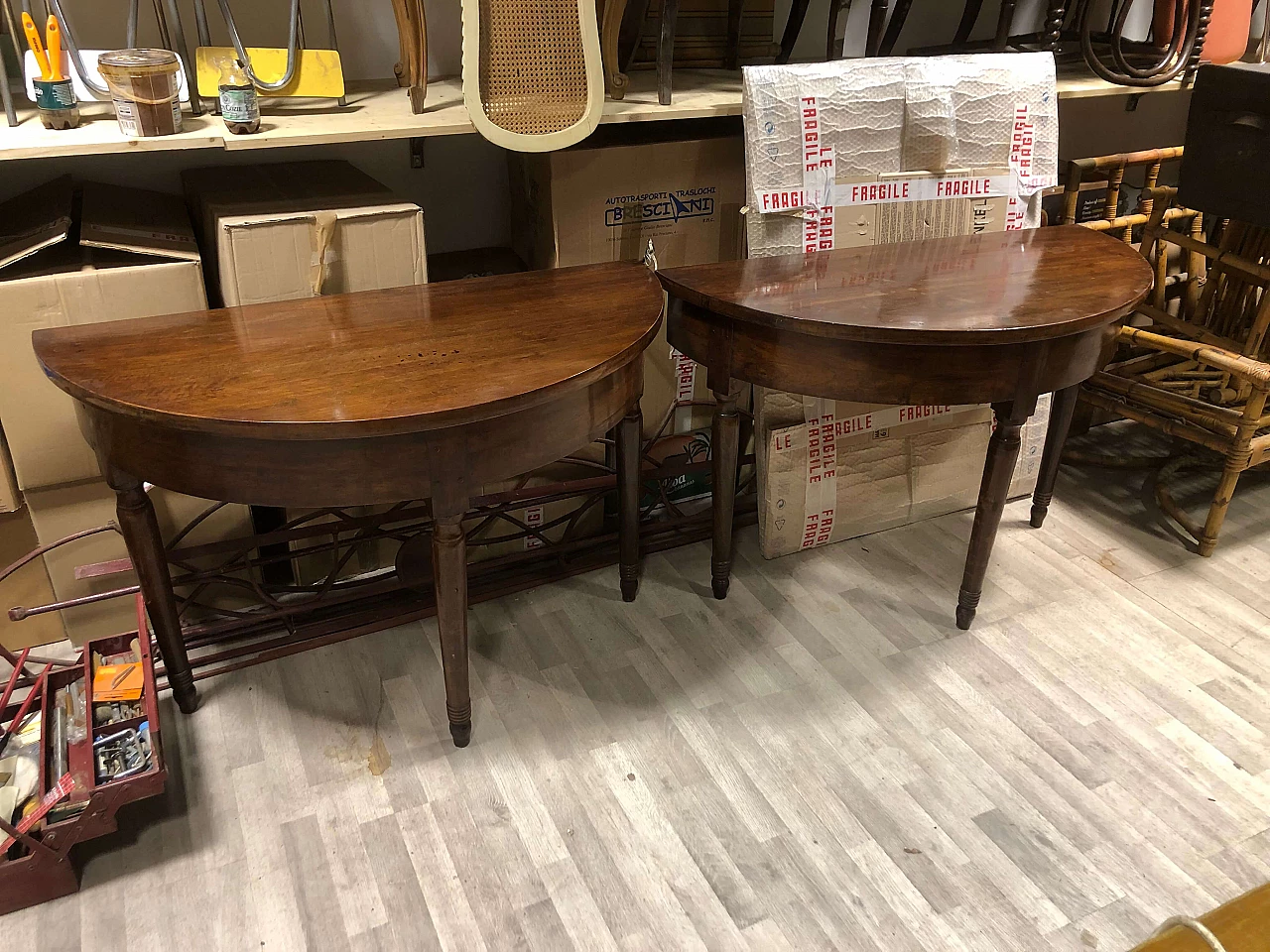 Pair of walnut half-moon consoles, mid-19th century 1