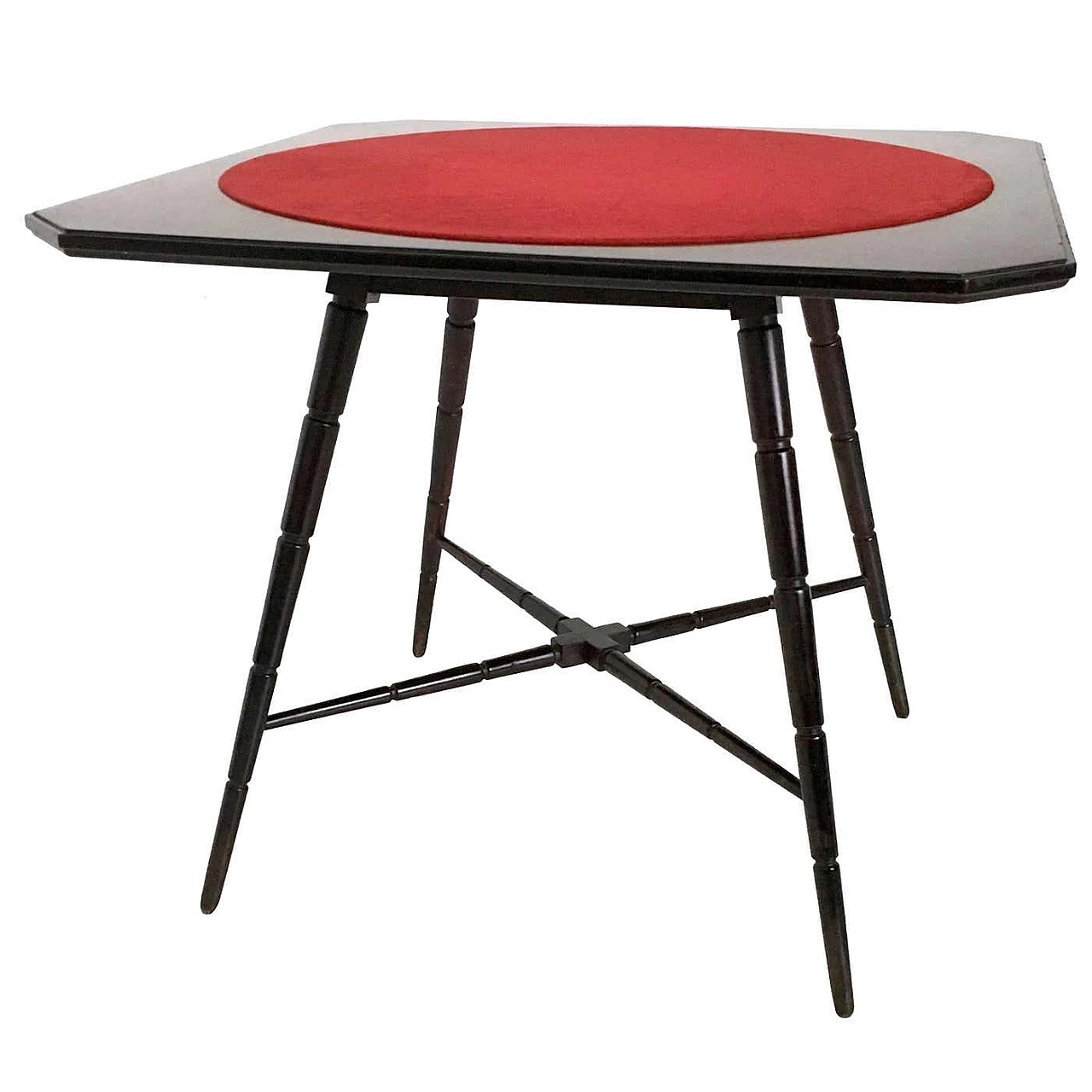 Tavolo da gioco in faggio ebanizzato con piano in tessuto rosso di Chiavari, anni '50 1
