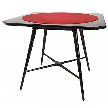 Tavolo da gioco in faggio ebanizzato con piano in tessuto rosso di Chiavari, anni '50