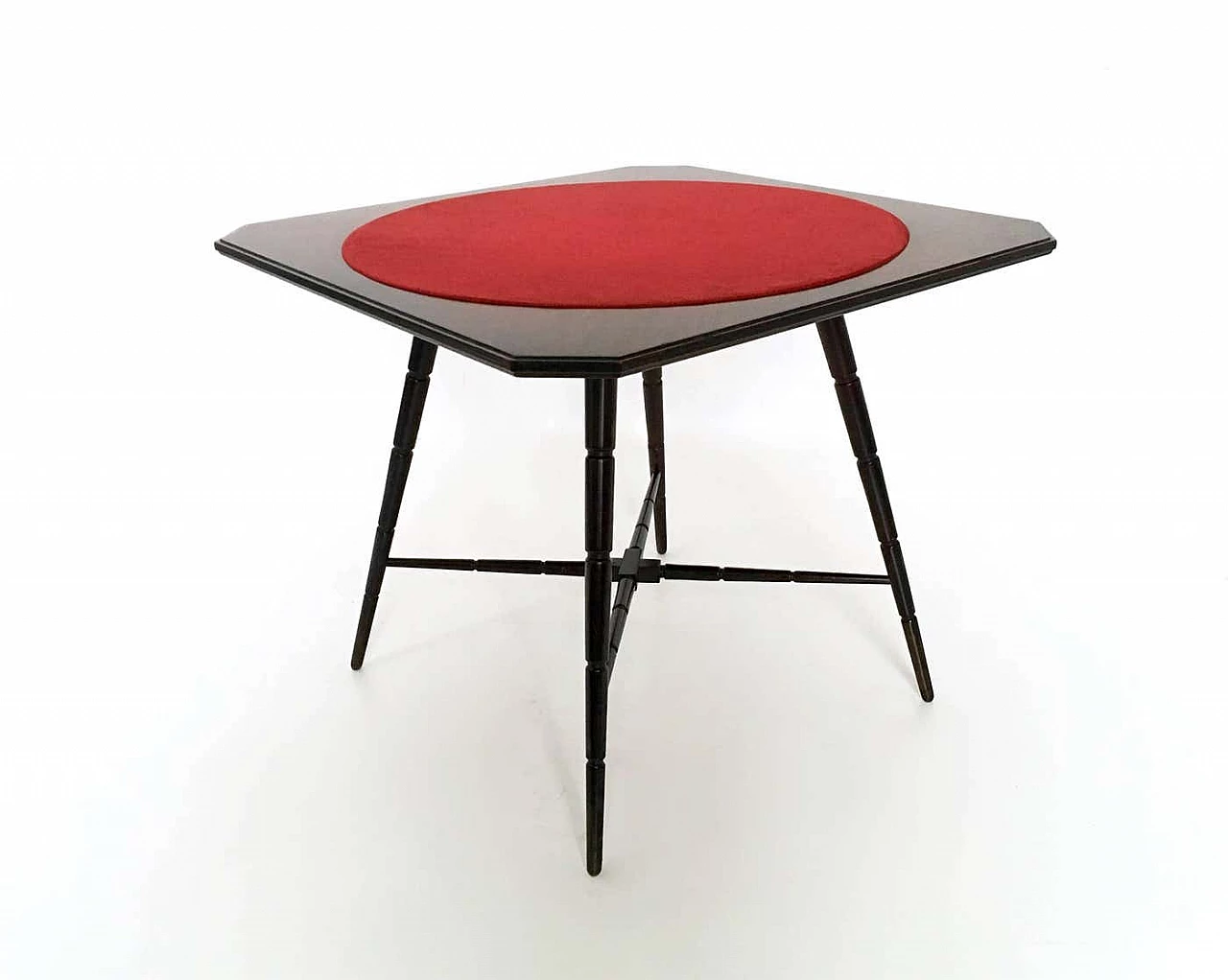 Tavolo da gioco in faggio ebanizzato con piano in tessuto rosso di Chiavari, anni '50 3