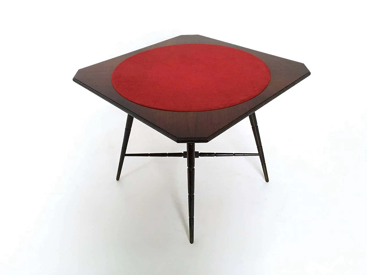 Tavolo da gioco in faggio ebanizzato con piano in tessuto rosso di Chiavari, anni '50 4